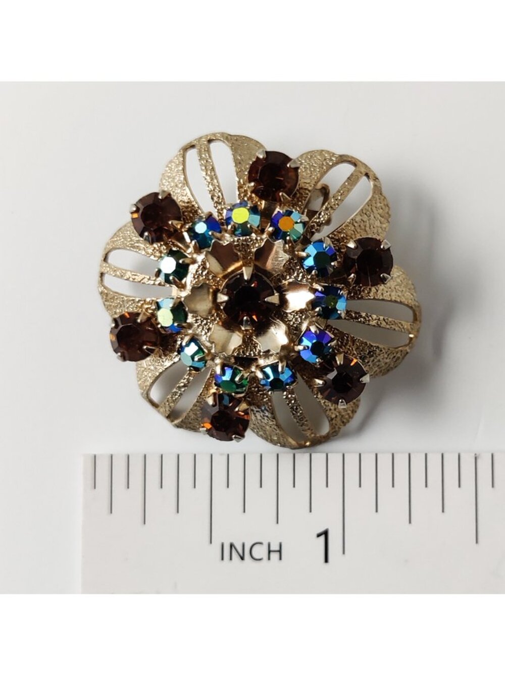 Vintage Brushed Gold Toned Dark Topaz and AB Crystal Rhinestone Geometric Flower - Picture 4 of 4